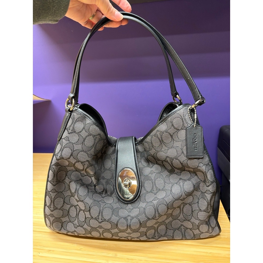 Coach F56221 Black Signature Canvas Leather Turnlock Shoulder‎ Tote Bag